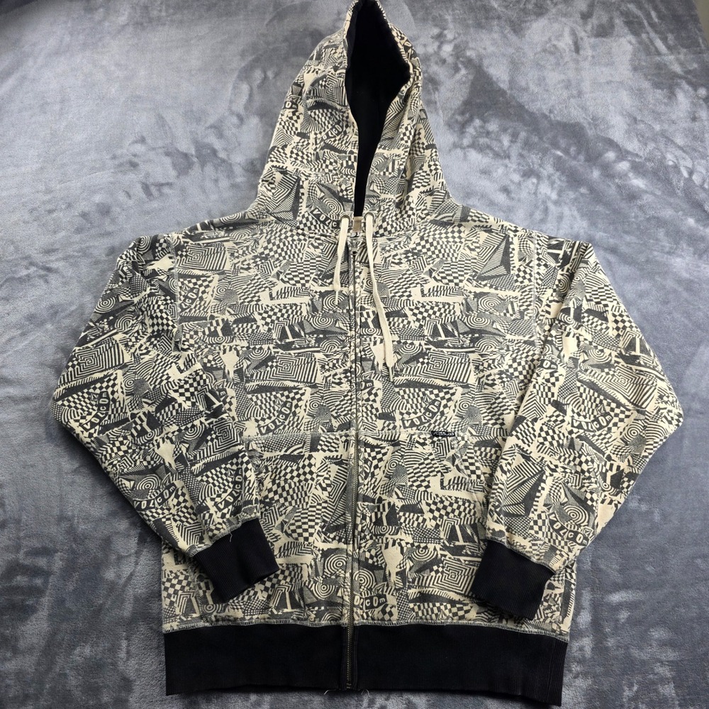 Y2K/00s Volcom Hoodie Mens Small Cream Black Cheque It All Over Print Zip Up